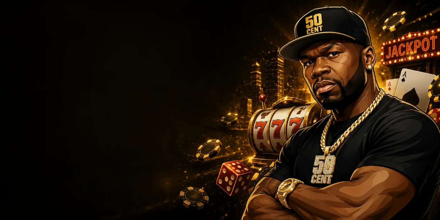 An illustrated rapper wearing a 50 Cent cap and diamond chain with arms crossed, beside a 777 slot machine, dice, casino chips and a Jackpot sign on a black and gold background